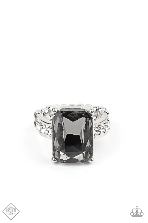 Bring Down the POWERHOUSE - Oversized Silver Elegant Emerald Cut Smoky Gem Dotted White Encrusted Ring R#2075