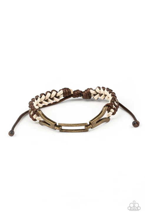 Bungee Bungalow - Brown/White/Brass Braided Interlocked Knotted Bungee Twine Adjustable Sliding Knot Closure Urban Bracelet B#2016