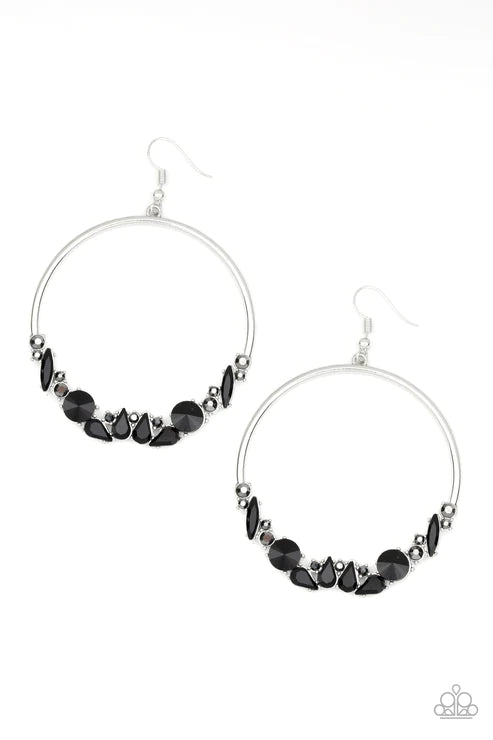 Business Casual - Oversized Black/Hematite Encrusted Hoop Earrings E#2438