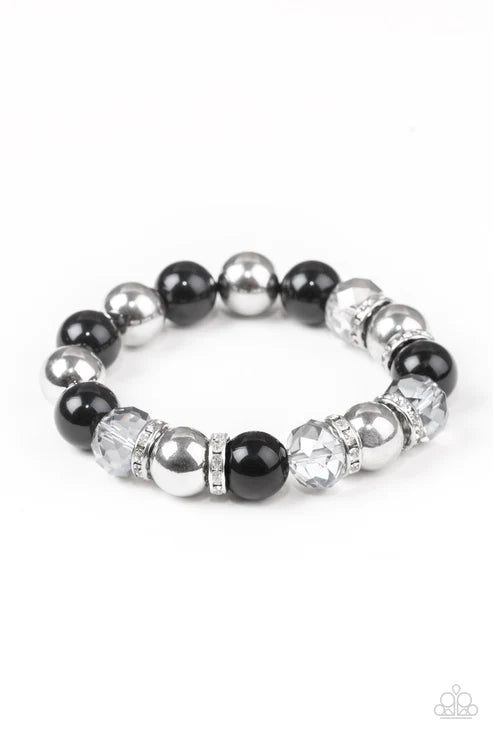 Camera Chic - Oversized Black/Silver Pearl Smoky Crystal Encrusted Rings Bracelet B#2138