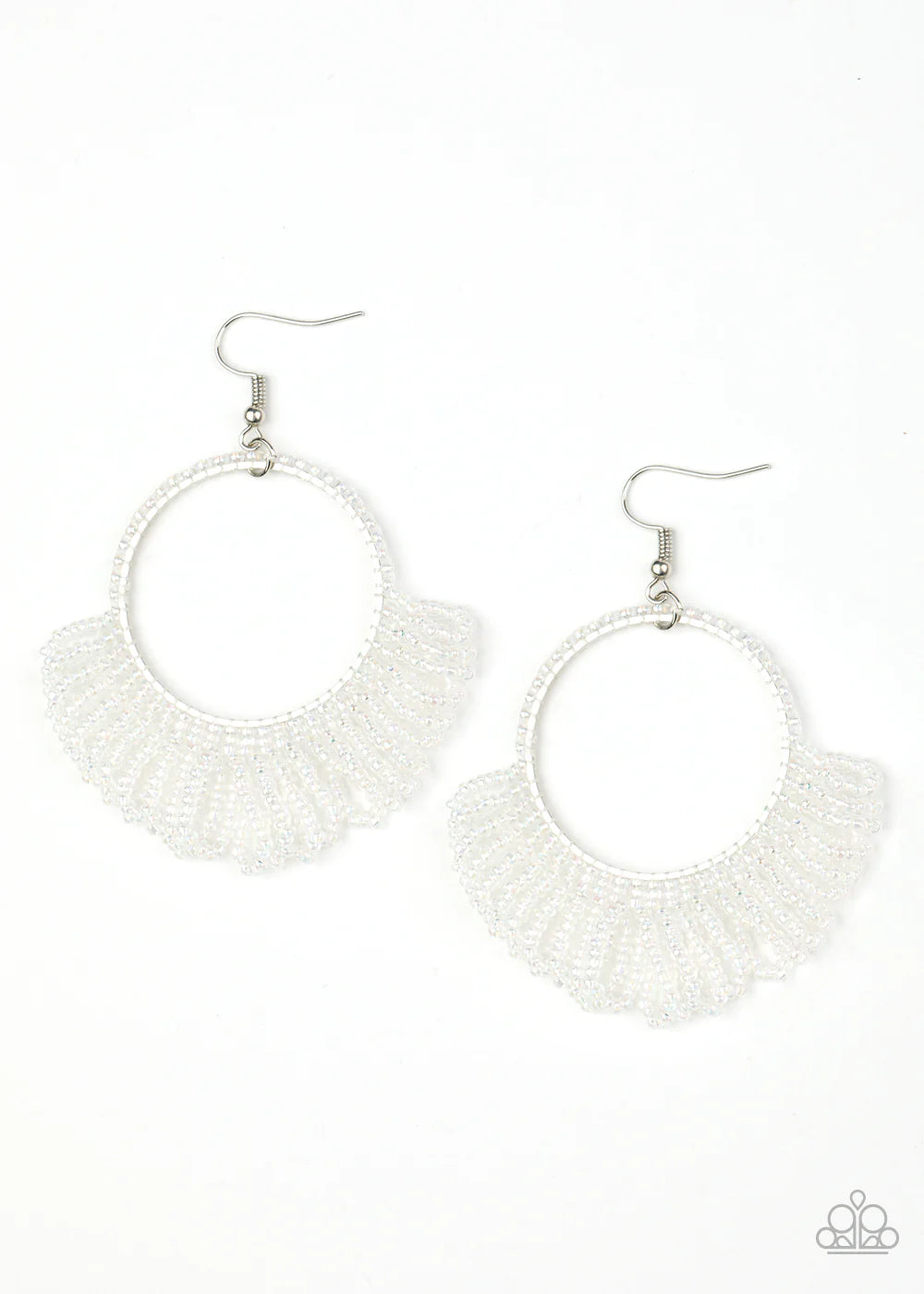 Cant BEAD-lieve My Eyes! - Oversized White Iridescent Seed Bead Cascade Hoop Fringe Earrings E#538