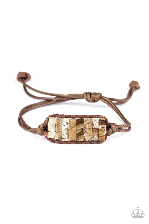 Canyon Warrior - Brown Rectangular Knotted Cord Natural Stone Sliding Knot Bracelet B#2058