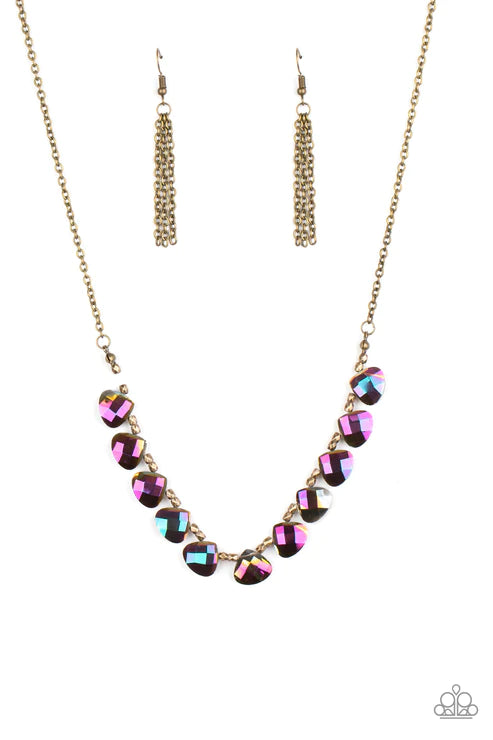 Catch a Fallen Star - Brass/Metallic Oil Spill Faceted Rounded/Teardrop Necklace N#1542