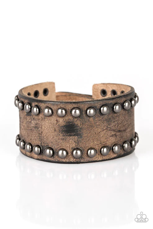 Cattle Drive - Brown/Gunmetal Studded Distressed Cattle Leather Urban Bracelet B#1734