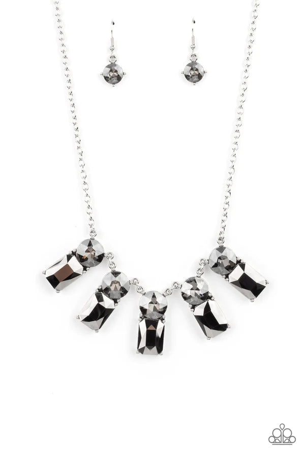 Celestial Royal - Oversized Smoky Silver Pronged Hematite Emerald Cut Fan Necklace N#098