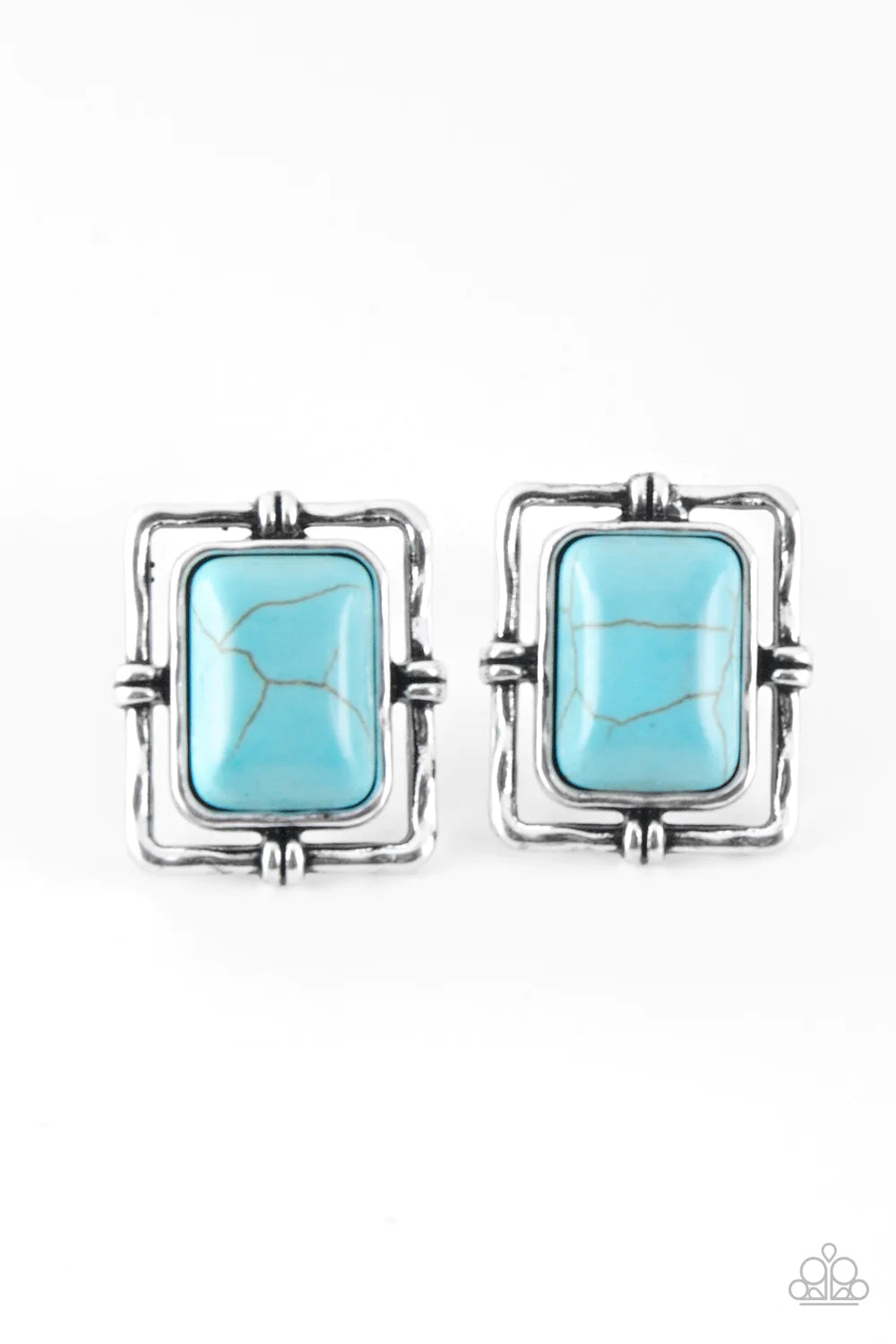 Center STAGECOACH - Blue Stone Rectangle Hammered Earrings E#1359