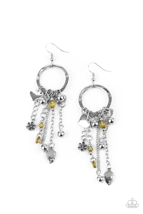 Charm School - Yellow Heart/Floral Charm Crystal Studded Hoop Fringe Earrings E#1475