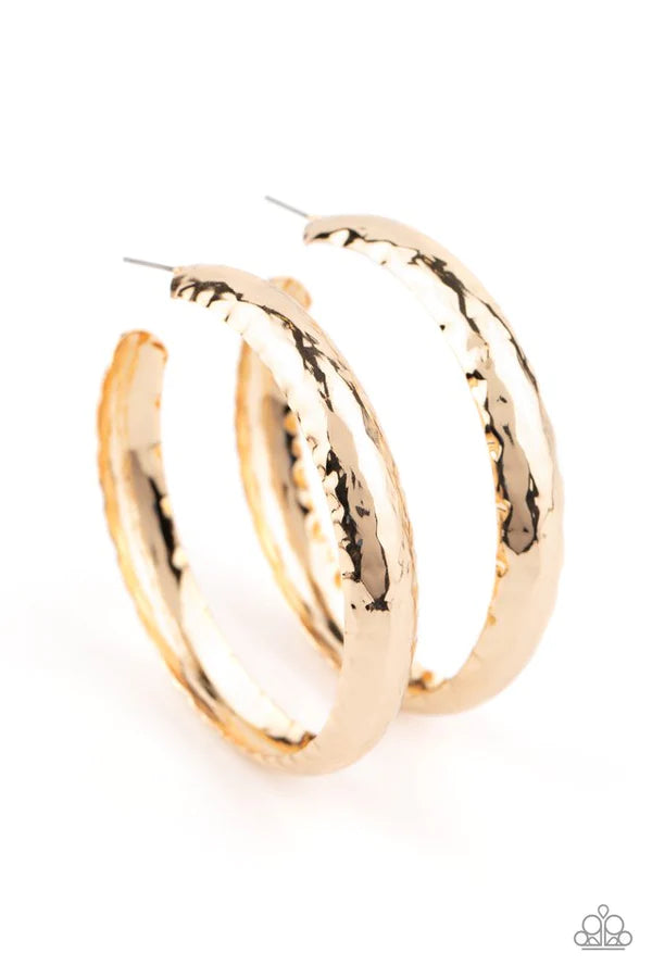 Check Out These Curves - Oversized Gold Textured Hammered Hoop Earrings E#319