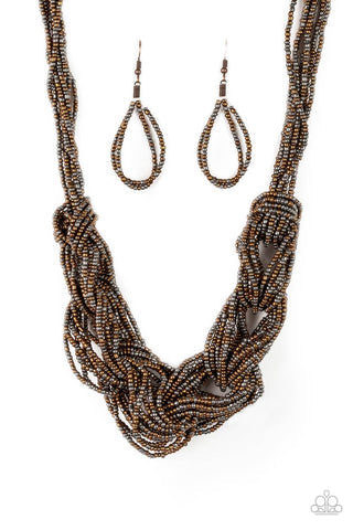 City Catwalk - Oversized Copper/Gunmetal Metallic Braided Square Seed Bead Necklace N#747