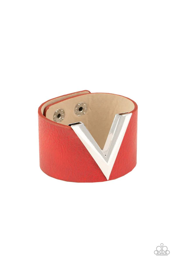 Claws Out - Oversized Red Thick V-Shaped Silver Slices Leather Adjustable Snap Closure Bracelet B#259