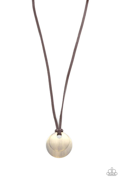 Clean Slate - Oversized Brass/Brown Knotted Duo Disc Leather Sliding Knot Closure Urban Necklace N#1704