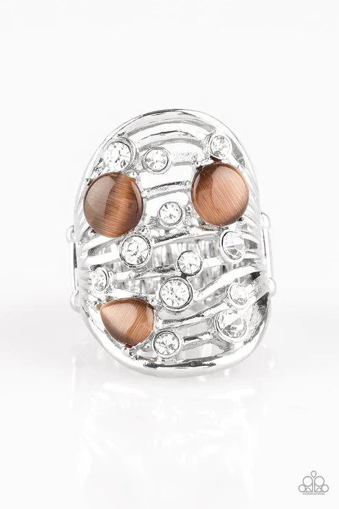 Clear The SWAY! - Oversized Brown Airy Cat's Eye Moonstone Encrusted Wavy Ring R#1894
