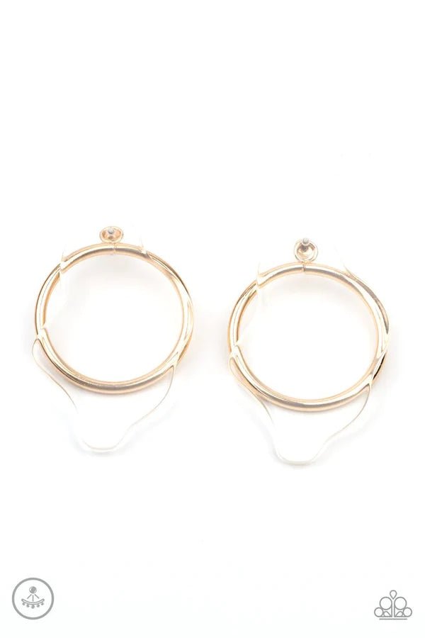 Clear The Way! - Oversized Gold Clear Asymmetrical Double-Sided Peeks Out Overlap Warped Hoop Earrings E#475