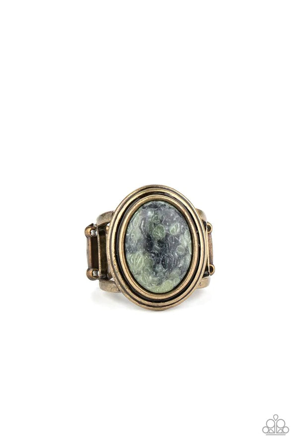 Cliff Dweller Demure - Green/Brass Oval Stacked Stone Ring R#284