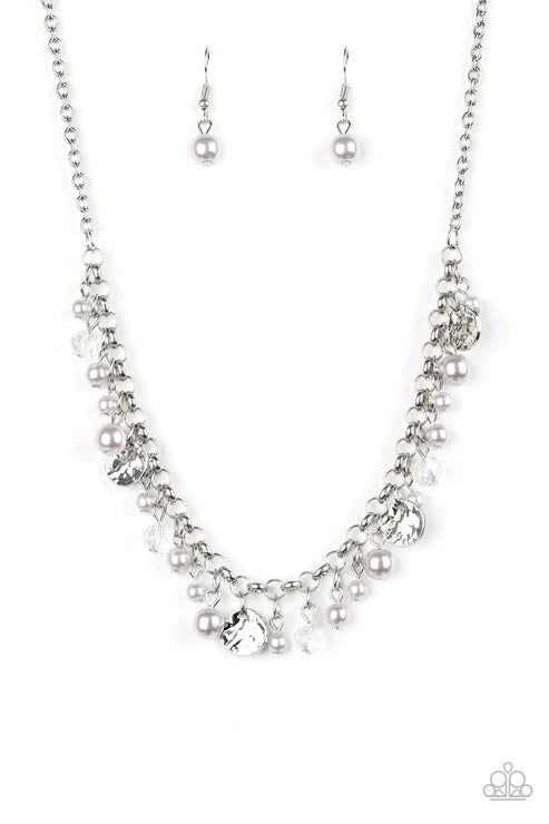 Coastal Cache - Silver Smoky Pearl Crystal Hammered Disc Fringe Necklace N#2043