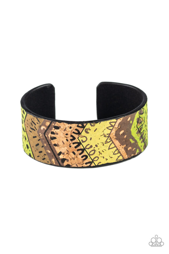 Come Uncorked - Green Cork Patch Textured Accent Tribal Cuff Bracelet B#723