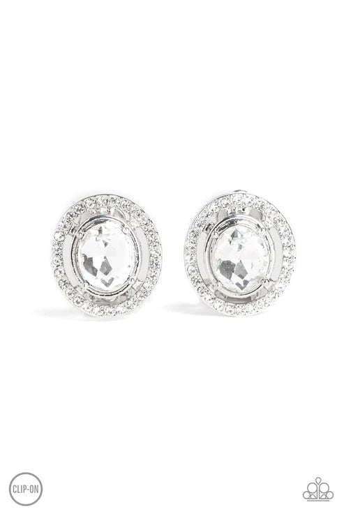 Cost A Fortune - White Round Encrusted Clip-On Earrings E#2077
