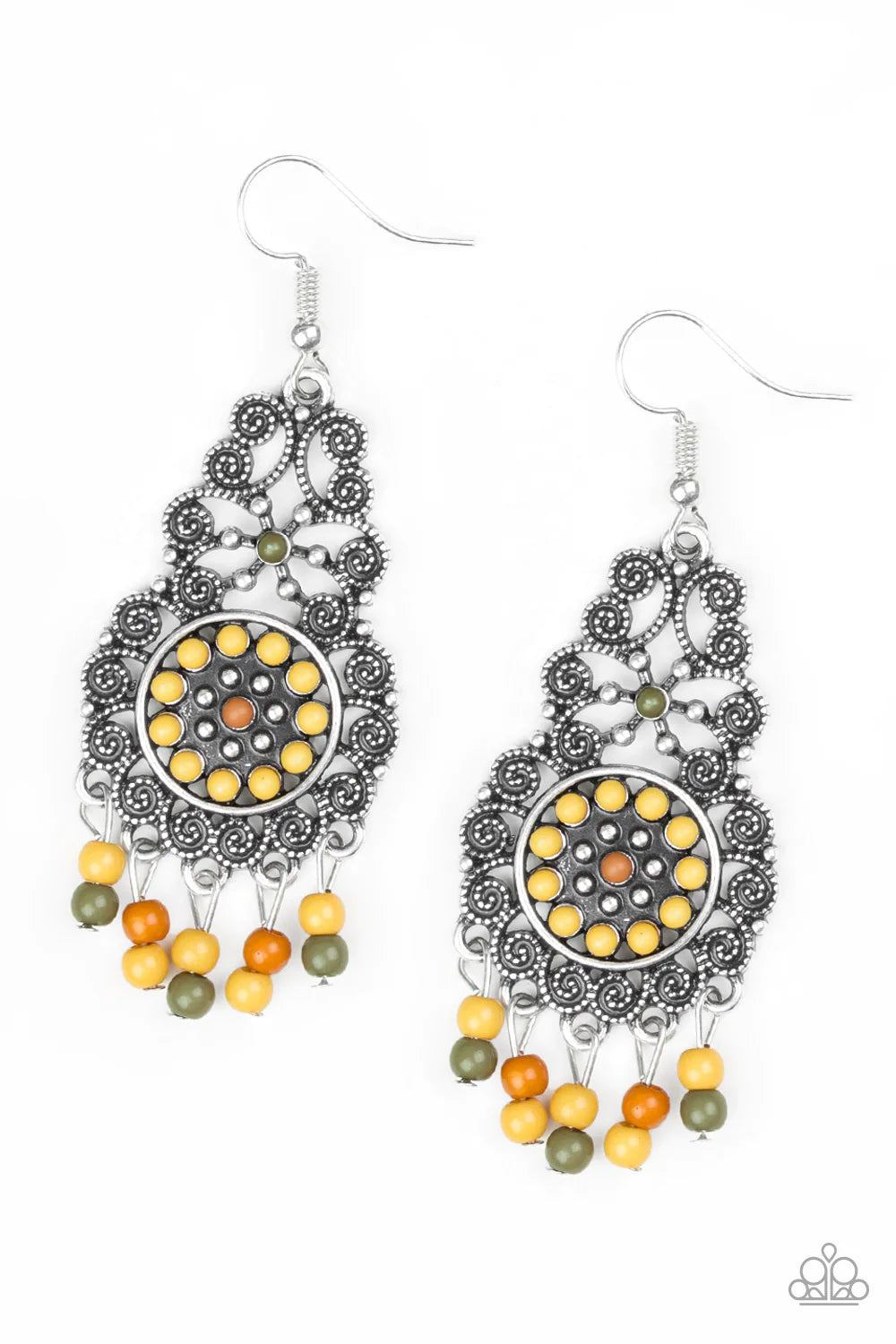 Courageously Congo - Multi (Brown/Green/Yellow) Swirl Filigree Tassel Fringe Earrings E#1414