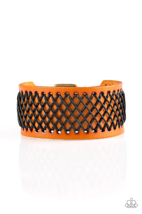 Cross The Line - Brown/Black Stitched CrissCross Tactile Buckle Leather Urban Bracelet B#1597
