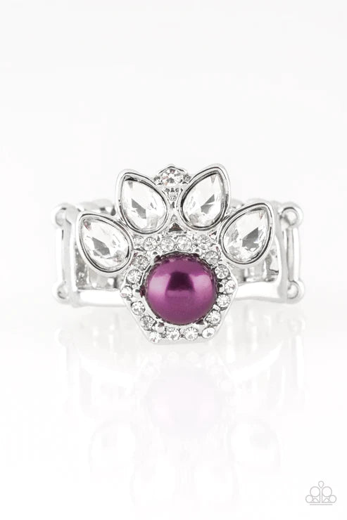 Crown Coronation - Purple Pearl Crown Encrusted Teardrop Ring R#1642