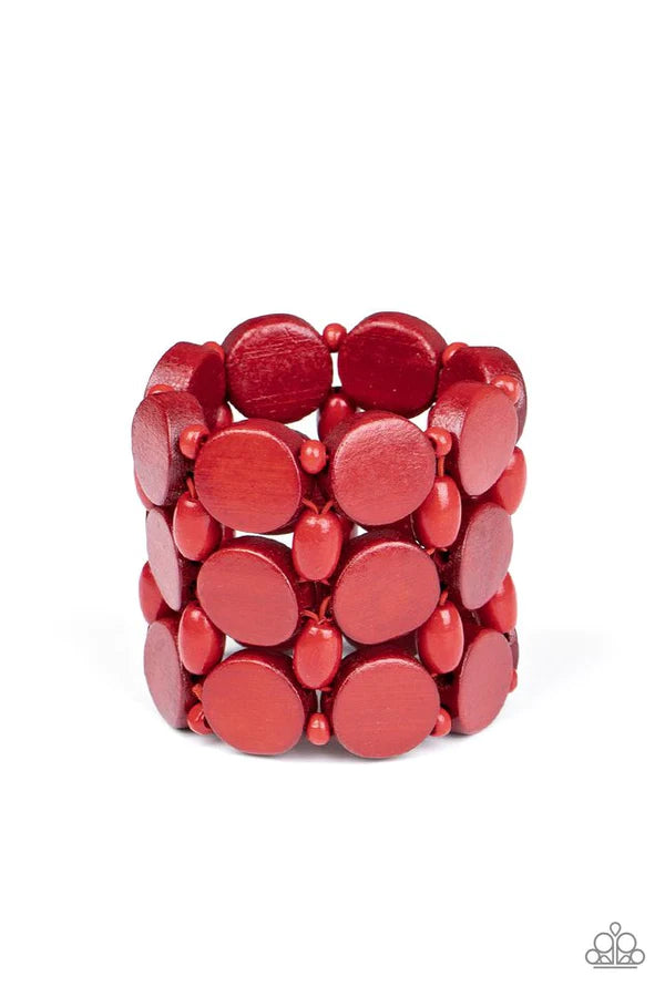 Cruising Coronado - Oversized Fiery Red Disc/Oval/Rounded Tropical Mismatched Knotted Wood Bracelet B#025