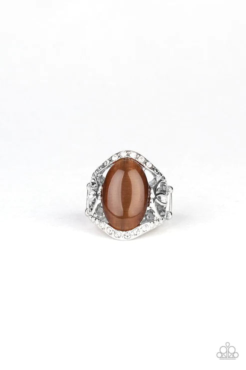 DEW Onto Others - Oversized Brown Dotted Encrusted Cat's Eye Moonstone Ring R#466