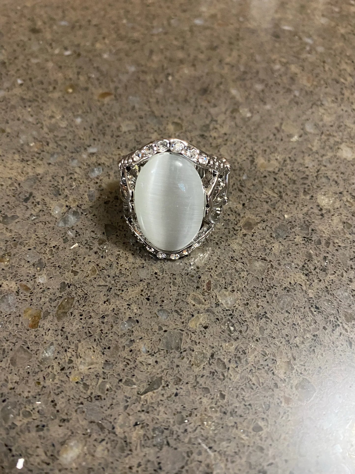 DEW Onto Others - Oversized White Dotted Encrusted Cat's Eye Moonstone Ring R#1062