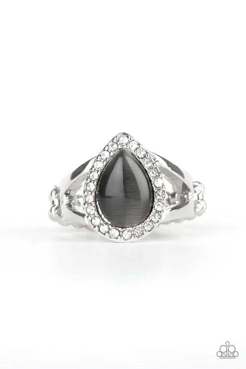 Debutante Dream - Smoky Silver Cat's Eye Moonstone Encrusted Teardrop Ring R#1860