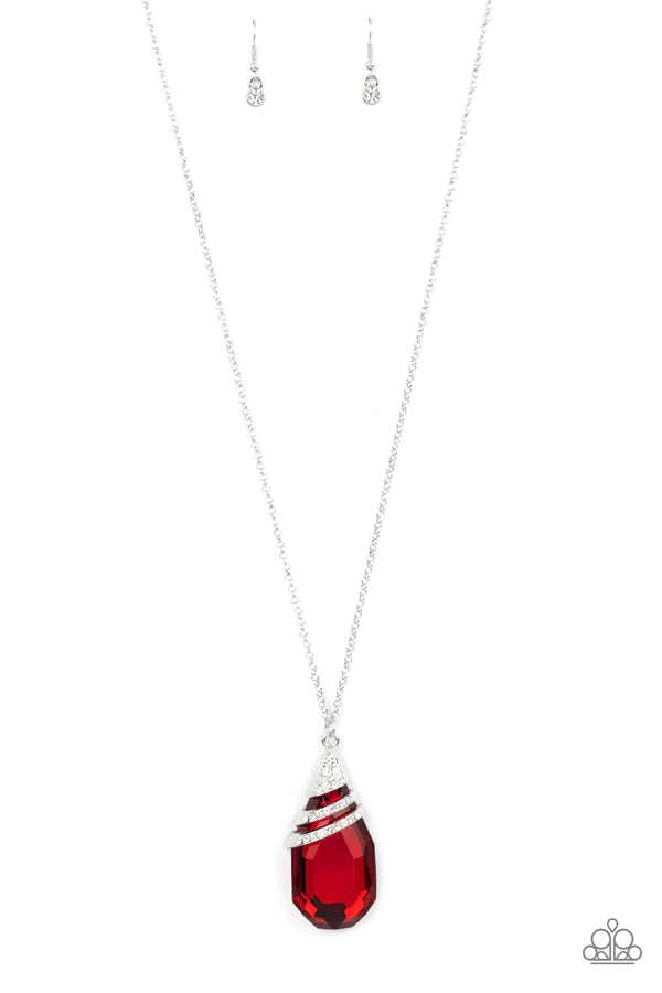 Demandingly Diva - Oversized Red Capped Encrusted Ribbon Teardrop Necklace #588