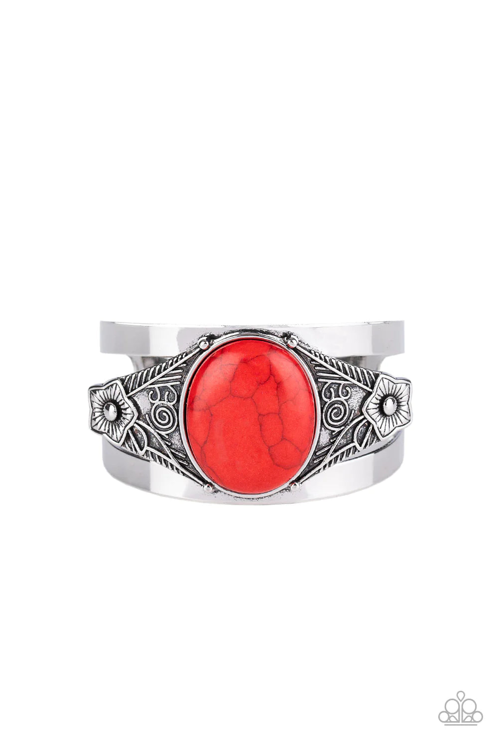 Desert Nature - Oversized Red Round Etched Embossed Floral Stone Cuff Bracelet B#434