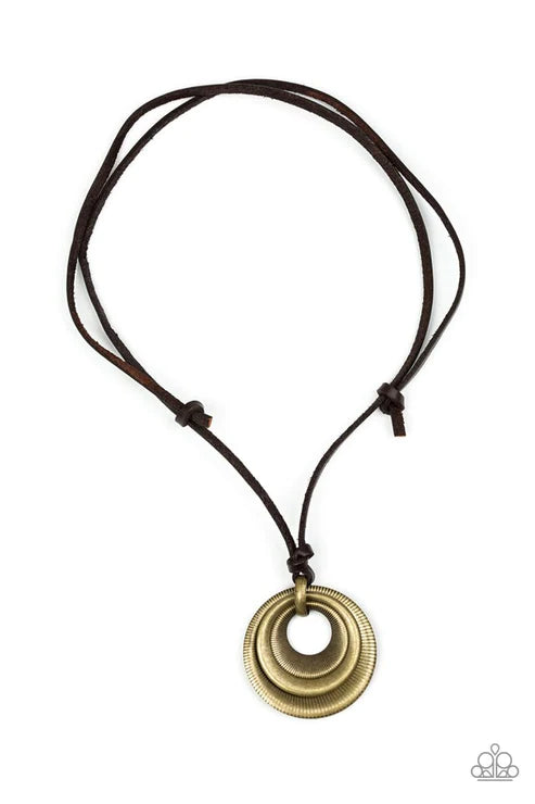 Desert Spiral - Oversized Brass Rustic Beveled 3D Textured Spiral Rings Knotted Leather Cord Sliding Knot Closure Urban Necklace N#1978