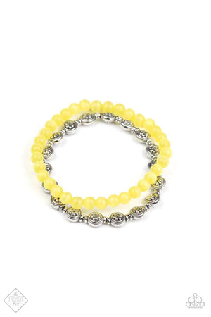 Dewy Dandelions - Yellow/Silver Dandelion Floral Cat's Eye Moonstone Bracelet Stack B#757