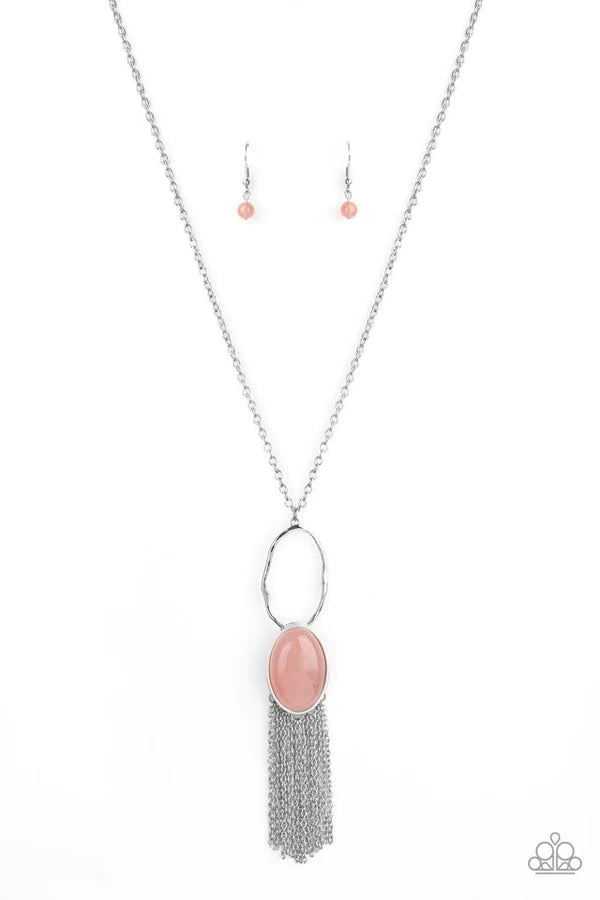 Dewy Desert - Dewy Pink Nestled Hammered Stone Hoop Tassel Necklace N#482