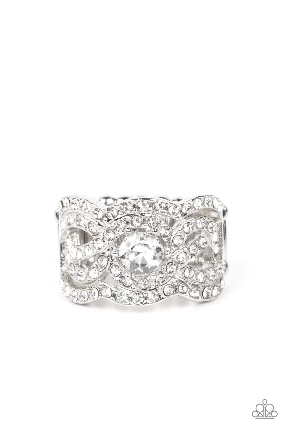Doting on Dazzle - White Intertwine Encrusted Braided Ribbon Ring R#792
