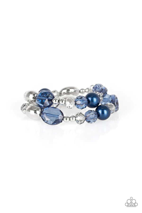 Downtown Dazzle - Oversized Blue Metallic Pearl Crystal Accent Bracelet Stack B#1022