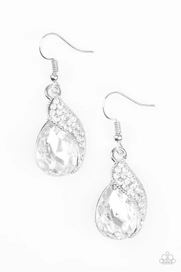 Easy Elegance - White Faceted Wrapped Encrusted Ribbon Teardrop Earrings E#1316