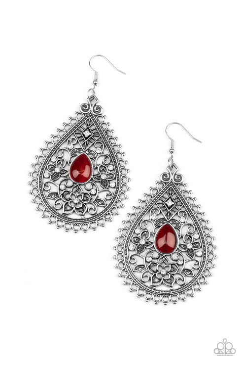 Eden Glow - Oversized Red Swirl Floral Filigree Cat's Eye Moonstone Earrings E#2273