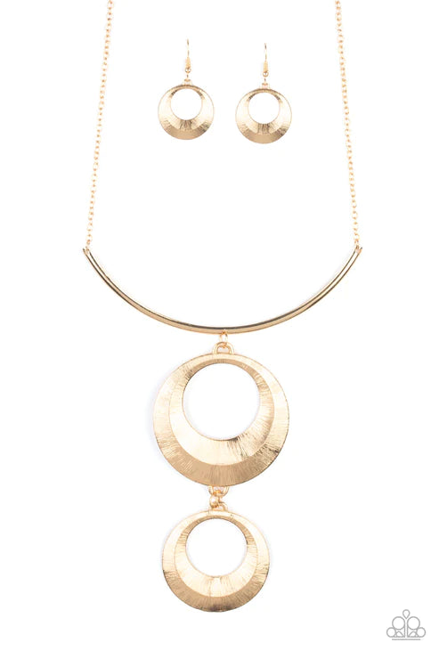 Egyptian Eclipse - Oversized Gold Egyptian "Swing" Beveled Scratch Circular Necklace N#2477