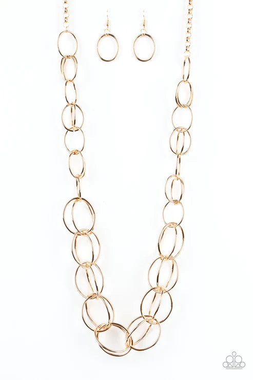 Elegantly Ensnared - Oversized Gold Interconnected Hoop Link Necklace N#2156