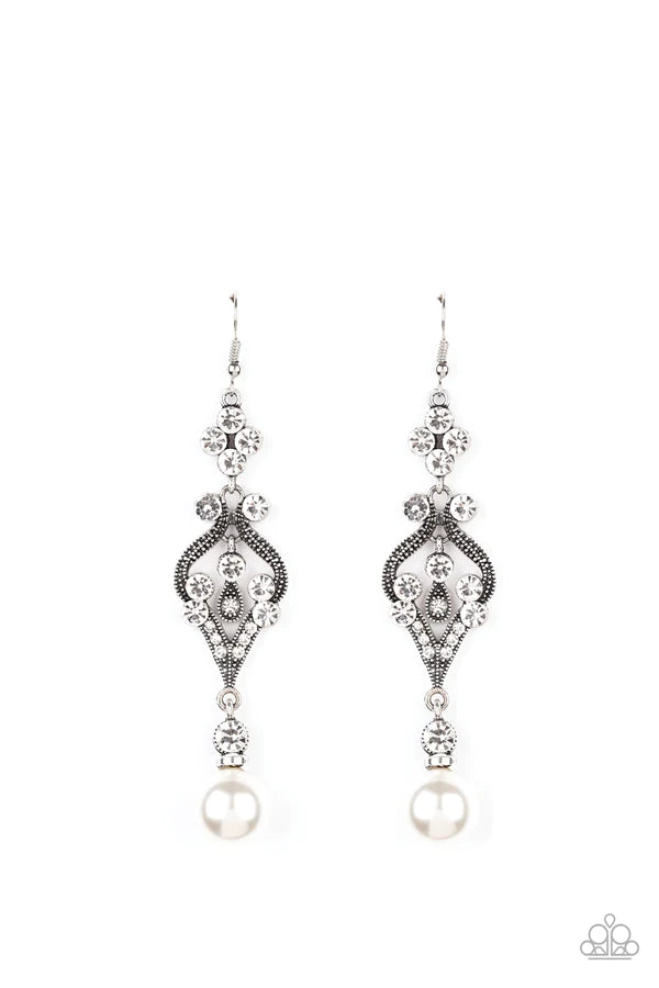 Elegantly Extravagant - Oversized White Pearl Dotted Encrusted Floral Earrings E#725