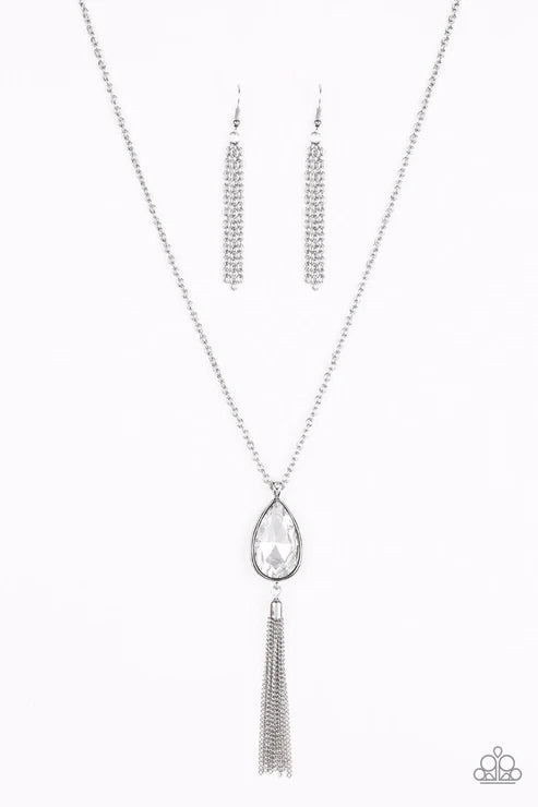 Elite Shine - Oversized White Dramatic Tassel Teardrop Necklace N#2576