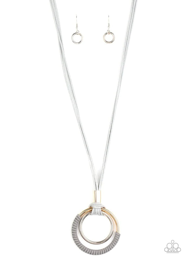 Elliptical Essence - Oversized Silver/Gray/Gold Knotted Cord Suede Hoop Necklace N#1341