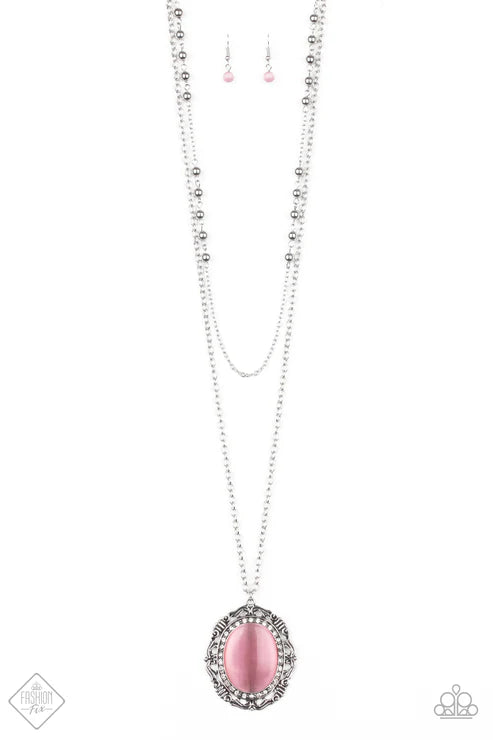 Endlessly Enchanted - Oversized Pink Vintage Dotted Encrusted Cat's Eye Moonstone Necklace N#2525