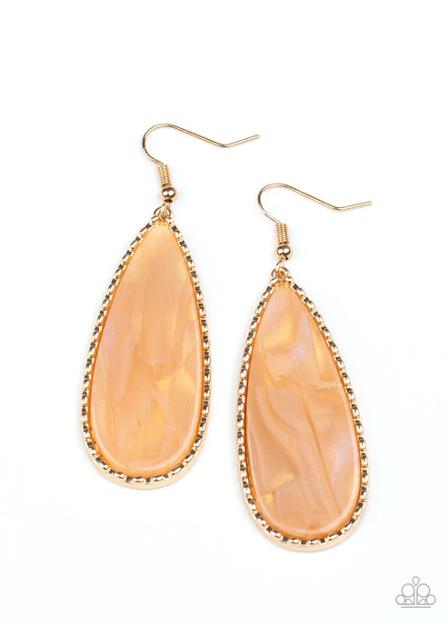 Ethereal Eloquence - Oversized Gold (Golden) Faux Marble Shimmer Teardrop Encased Studded Ethereally Earrings E#2395