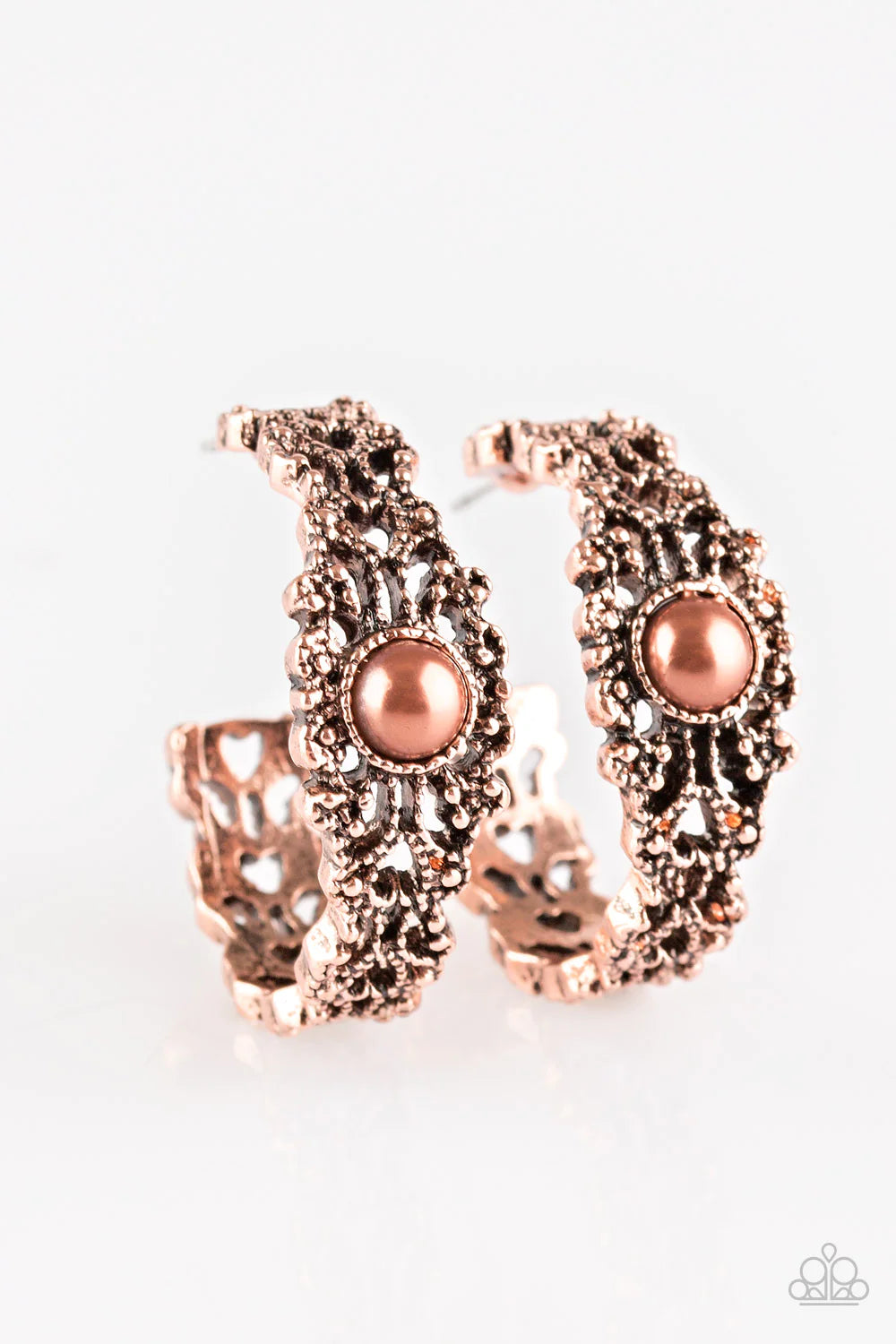 Exquisite Expense - Copper Pearl Filigree Hoop Earrings E#831