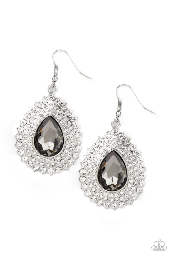 Exquisitely Explosive - Oversized Silver Smoky Ripple Encrusted Teardrop Earrings E#094