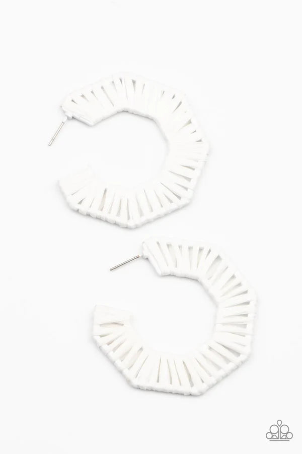 Fabulously Fiesta - White Wicker Hexagonal Hoop Earrings E#255