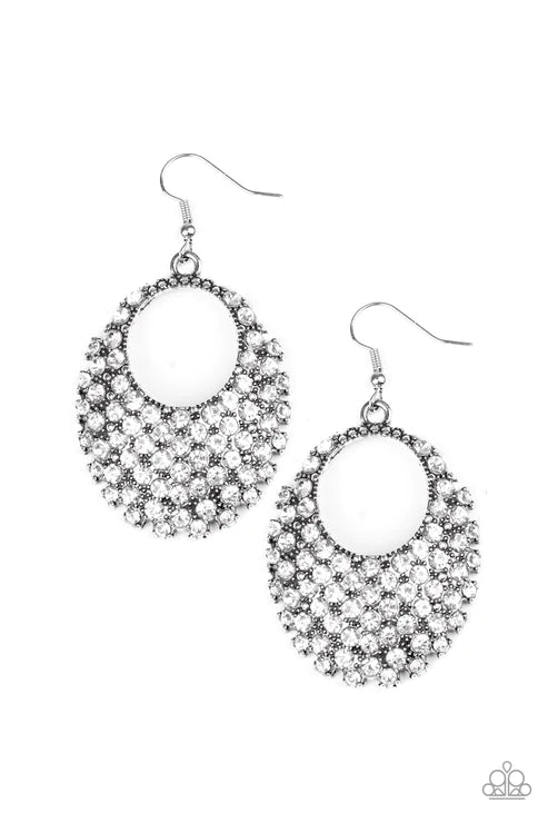 Fierce Flash - Oversized White Airy Oval Encrusted Earrings E#2632