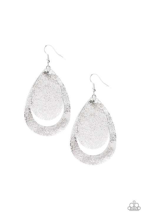 Fiery Firework - Oversized Silver Metallic Distressed Leather Teardrop Earrings E#2249