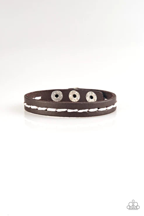 First Class TRAVELER - Brown Earthy Cording Stitched Skinny Leather Rugged Adjustable Snap Closure Urban Bracelet B#1659